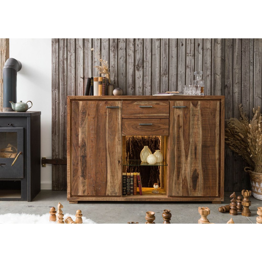 Highboard Akazie 145x40x101 natur lackiert BARK #114 Wolf Möbel Highboard Akazie natur lackiert BARK
