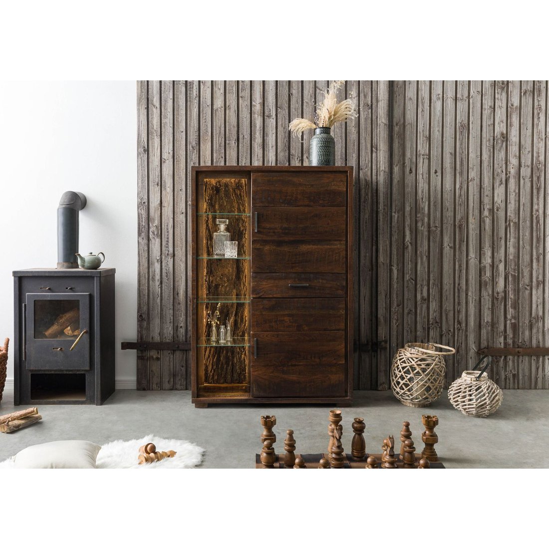 Highboard Akazie 100x40x150 dunkelbraun lackiert BARK #206 Wolf Möbel Highboard Akazie dunkelbraun lackiert BARK