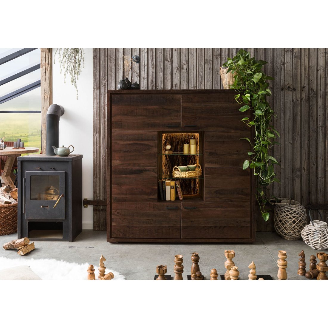 Highboard Akazie 145x40x153 dunkelbraun lackiert BARK #207 Wolf Möbel Highboard Akazie dunkelbraun lackiert BARK