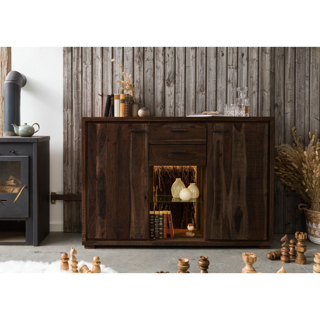Highboard Akazie 145x40x101 dunkelbraun lackiert BARK #214 Wolf Möbel Highboard Akazie dunkelbraun lackiert BARK