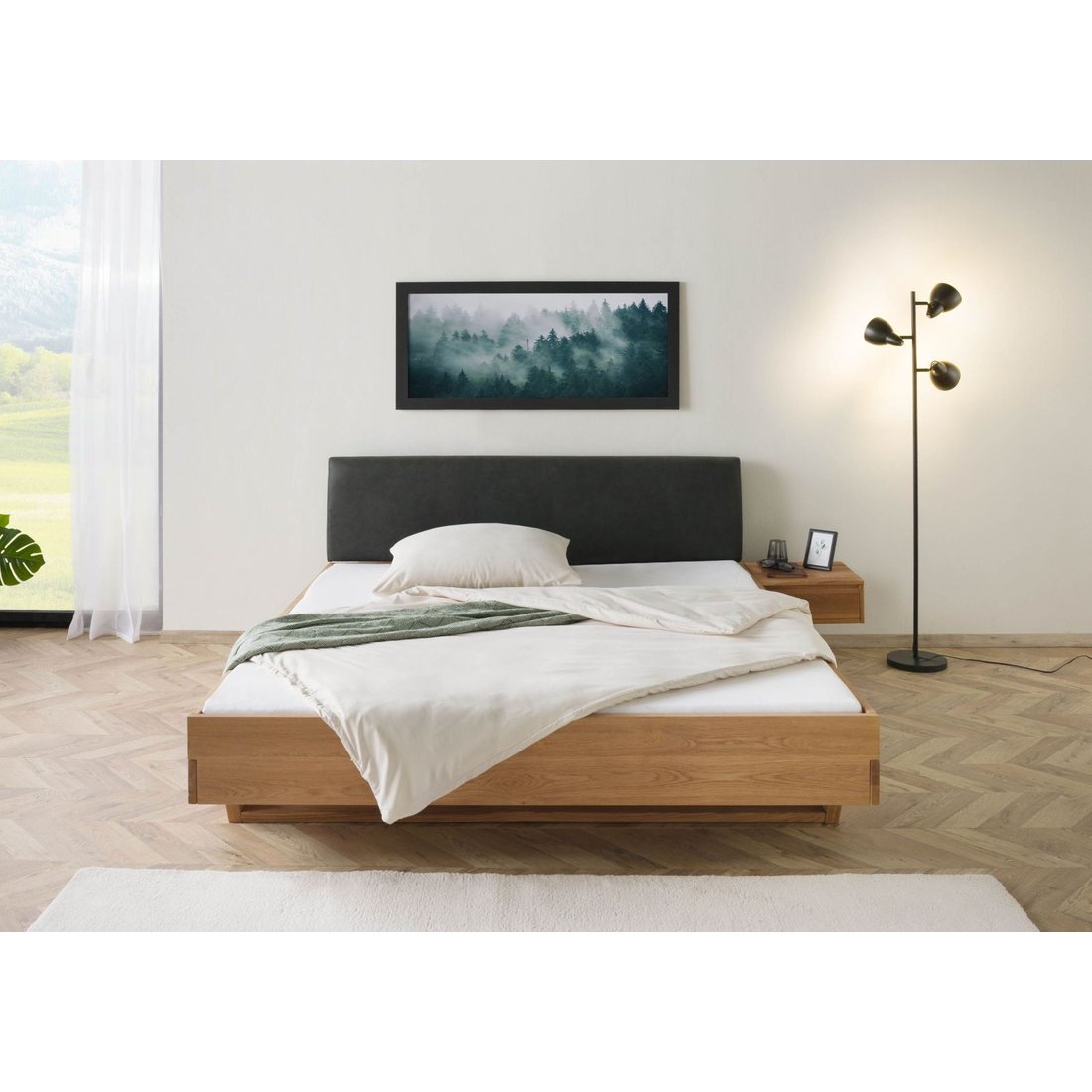 Massivmöbel24 Bett mit Nachttisch rechts Eiche natur geölt, Kopfteil anthrazit FICHTELBERG