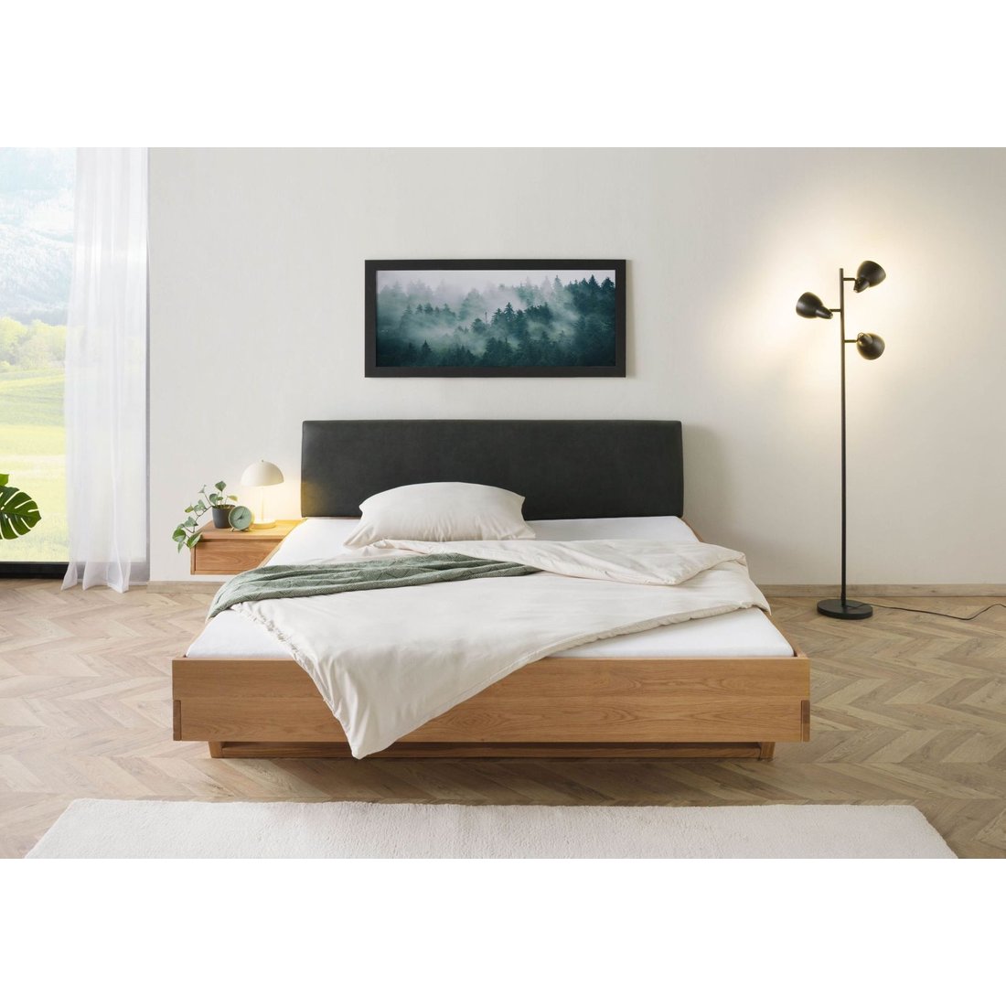 Bett mit Nachttisch links Eiche 140x200x85 natur geölt, Kopfteil anthrazit FICHTELBERG #49 Massivmöbel24 Bett mit Nachttisch links Eiche natur geölt, Kopfteil anthrazit FICHTELBERG