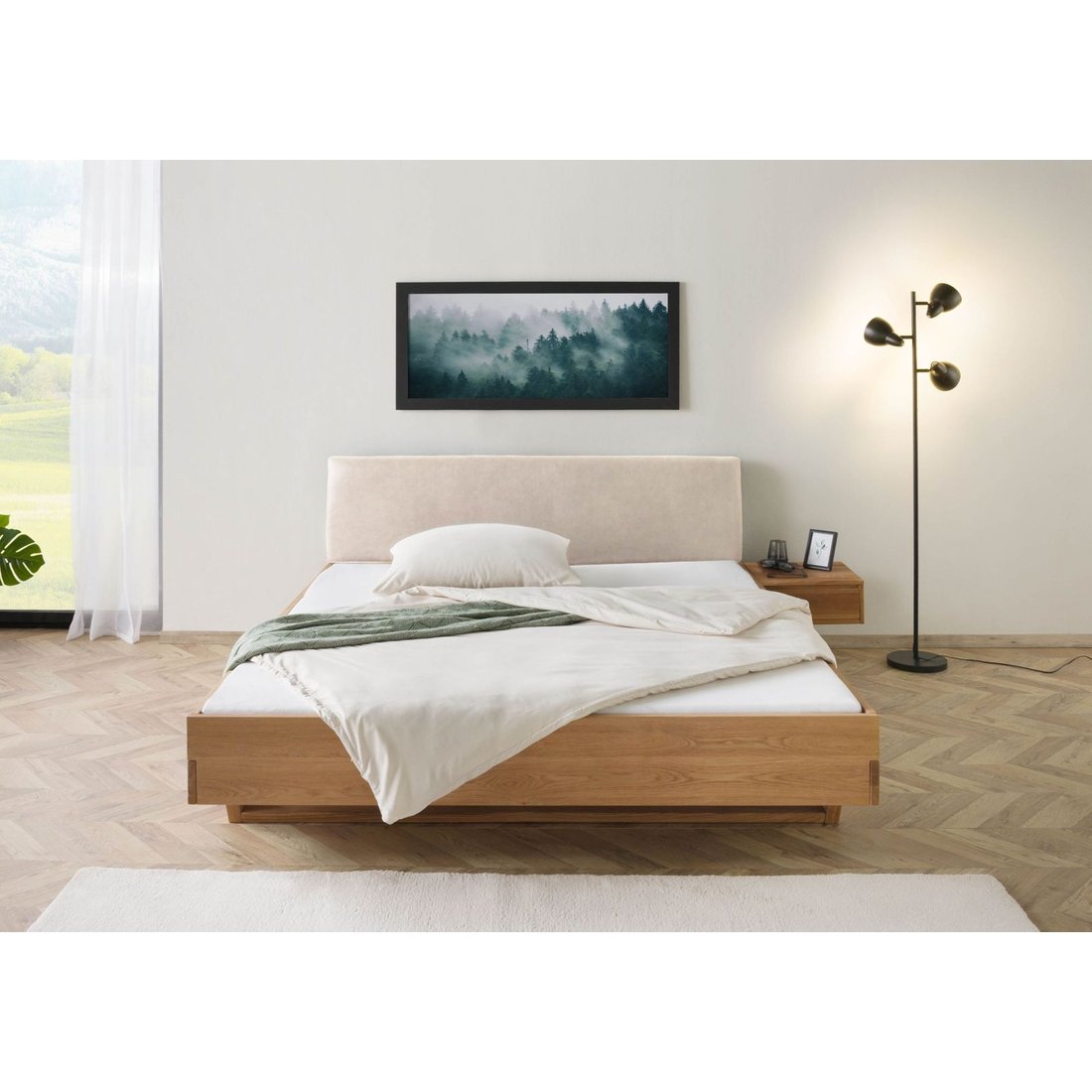 Bett mit Nachttisch rechts Eiche 140x200x85 natur geölt, Kopfteil beige FICHTELBERG #129 Massivmöbel24 Bett mit Nachttisch rechts Eiche natur geölt, Kopfteil beige FICHTELBERG