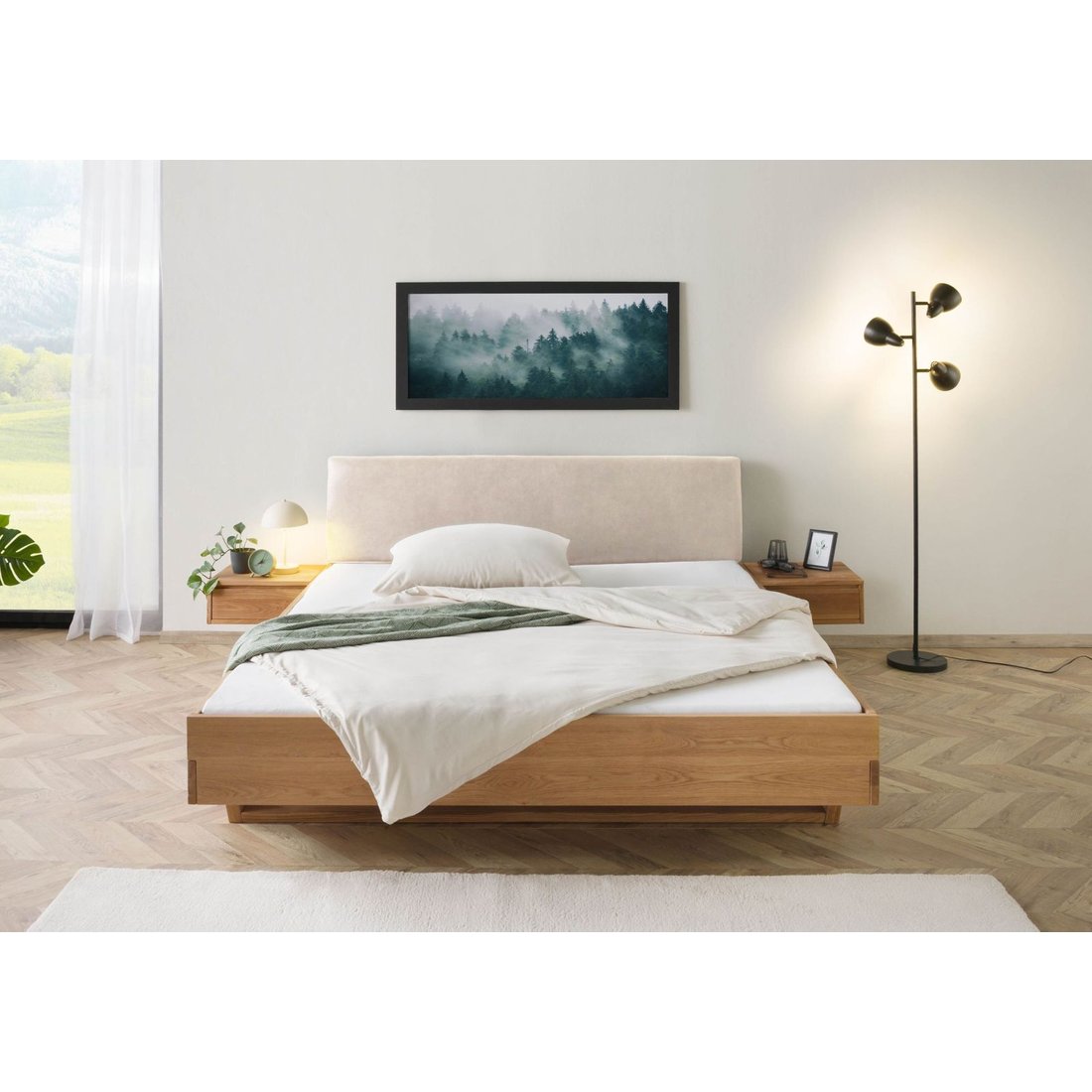 Bett mit Nachttischen Eiche 140x200x85 natur geölt, Kopfteil beige FICHTELBERG #133 Massivmöbel24 Bett mit Nachttischen Eiche natur geölt, Kopfteil beige FICHTELBERG