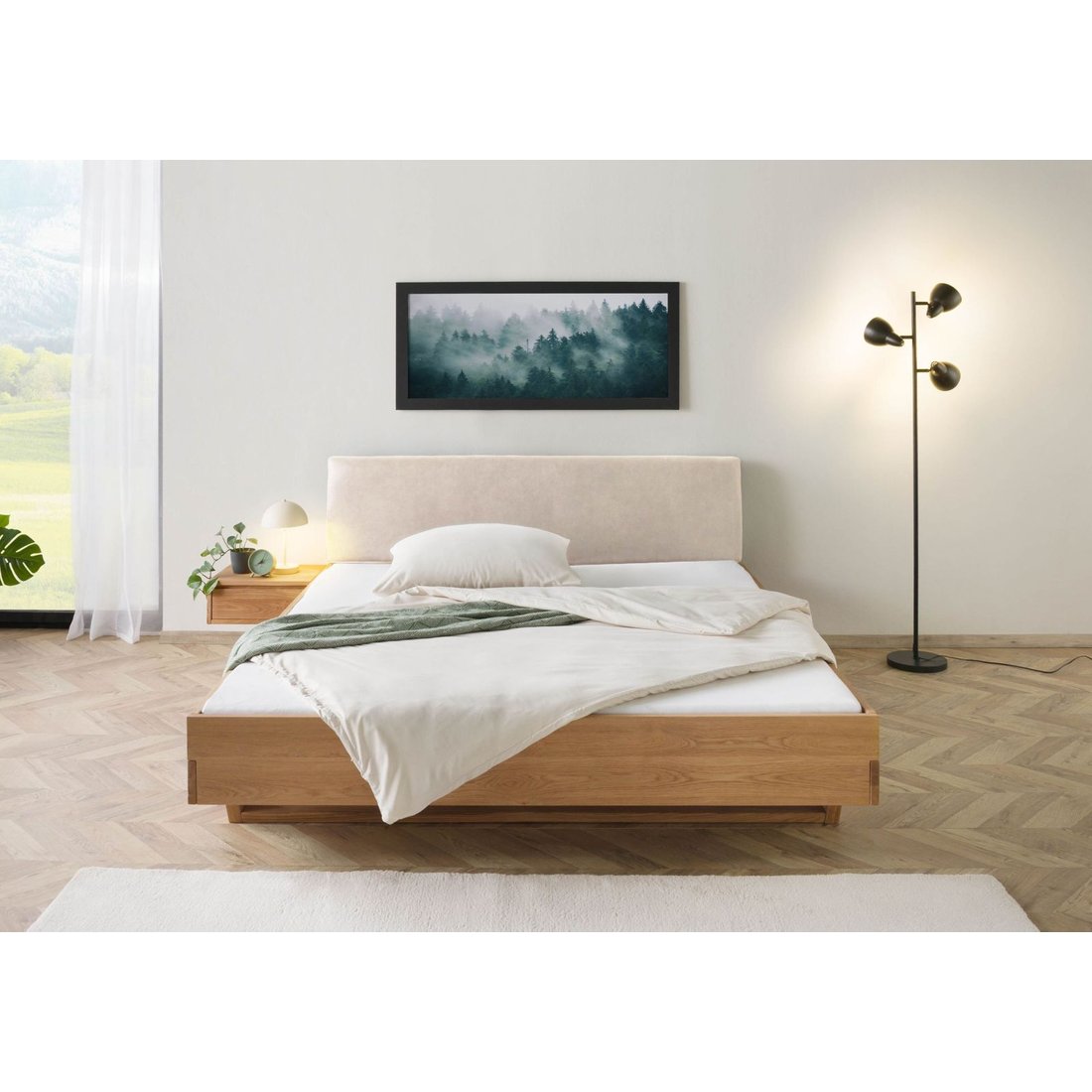 Bett mit Nachttisch links Eiche 140x200x85 natur geölt, Kopfteil beige FICHTELBERG #149 Massivmöbel24 Bett mit Nachttisch links Eiche natur geölt, Kopfteil beige FICHTELBERG