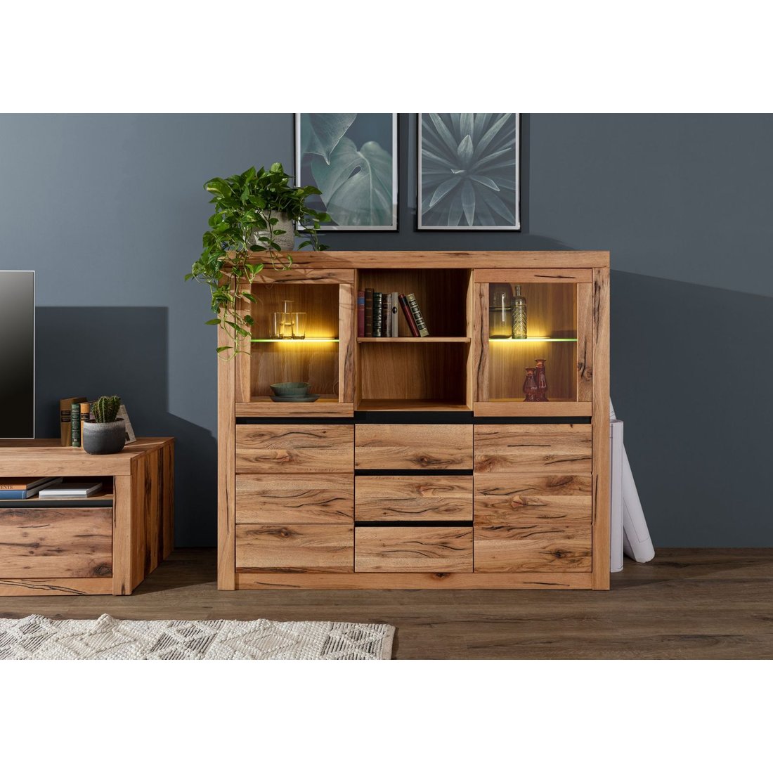 Highboard Wildeiche / Zerreiche 155x43x140 natur geölt MONTREUX #156 Massivmöbel24 Highboard Wildeiche / Zerreiche natur geölt MONTREUX