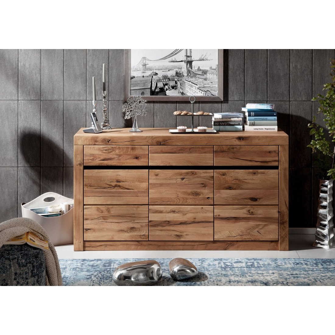 Massivmöbel24 Sideboard Wildeiche / Zerreiche natur geölt MONTREUX