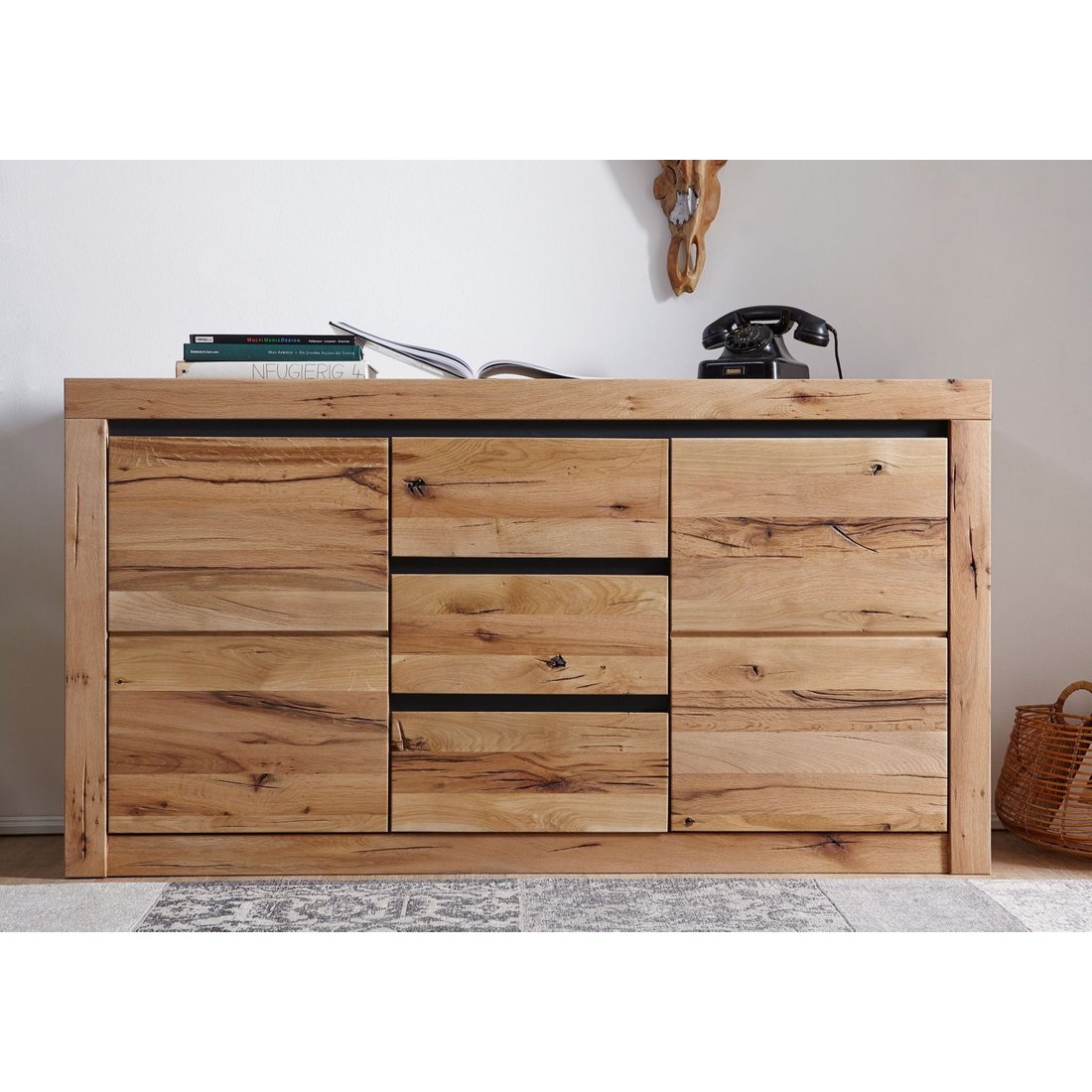Sideboard Wildeiche / Zerreiche 155x43x80 natur geölt MONTREUX #154 Massivmöbel24 Sideboard Wildeiche / Zerreiche natur geölt MONTREUX