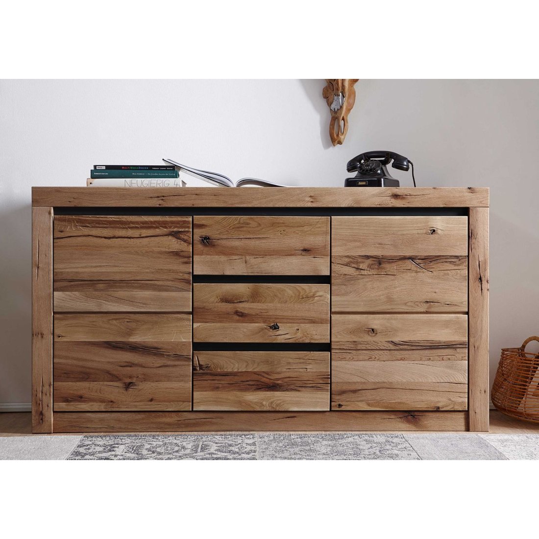 Sideboard Wildeiche / Zerreiche 155x43x80 braun geölt MONTREUX #354 Massivmöbel24 Sideboard Wildeiche / Zerreiche braun geölt MONTREUX