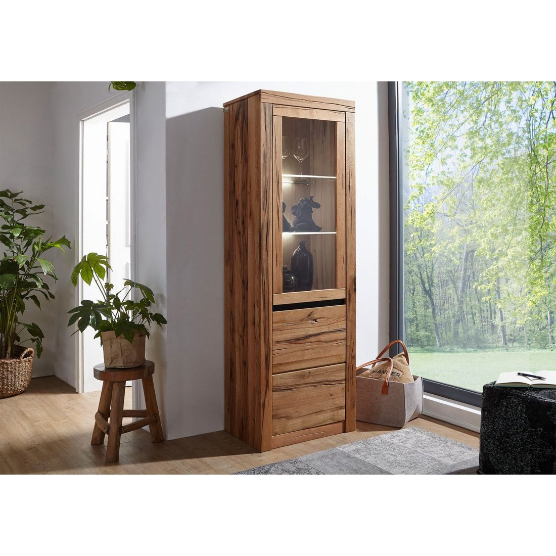 Massivmöbel24 Vitrine Wild-/Zerreiche natur geölt MONTREUX