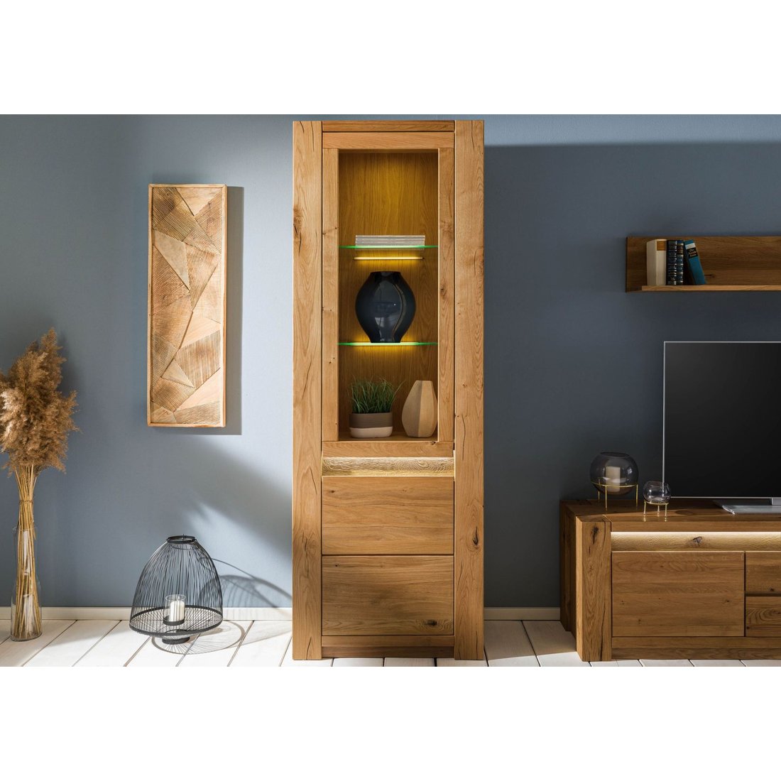 Vitrine Wildeiche 73x40x205 braun geölt KENT #301 Massivmöbel24 Vitrine Wildeiche braun geölt KENT