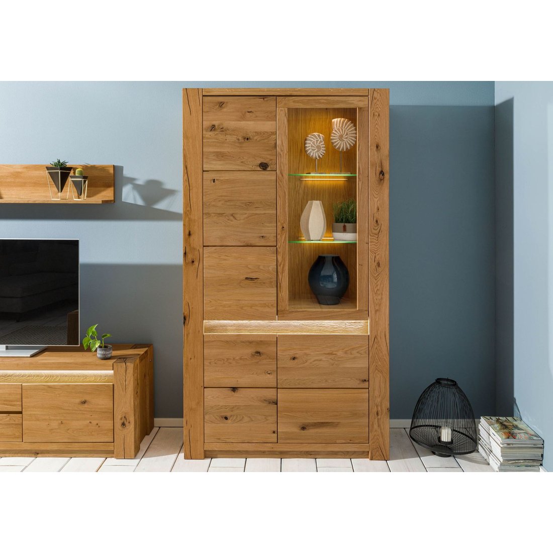 Vitrine Wildeiche 113x40x205 braun geölt KENT #203 Massivmöbel24 Vitrine Wildeiche braun geölt KENT