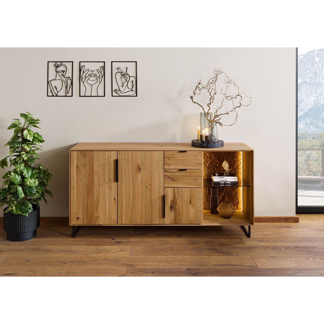 Sideboard Wildeiche 160x43x79 natur geölt LINDAU #08 Massivmöbel24 Sideboard Wildeiche natur geölt LINDAU