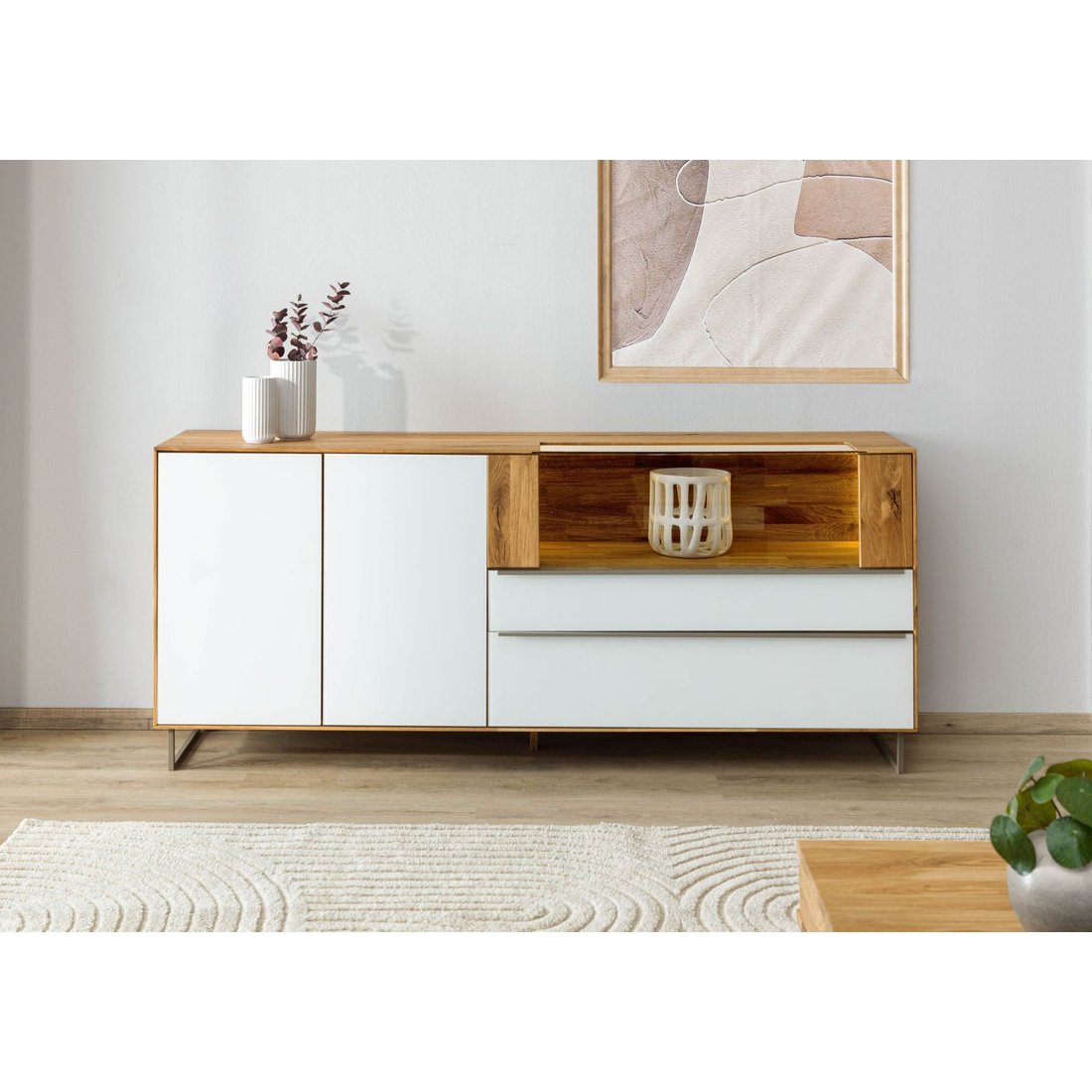 Sideboard Wildeiche 200x43x87 natur geölt / Glas weiß WIEN #121 Massivmöbel24 Sideboard Wildeiche natur geölt / Glas weiß WIEN