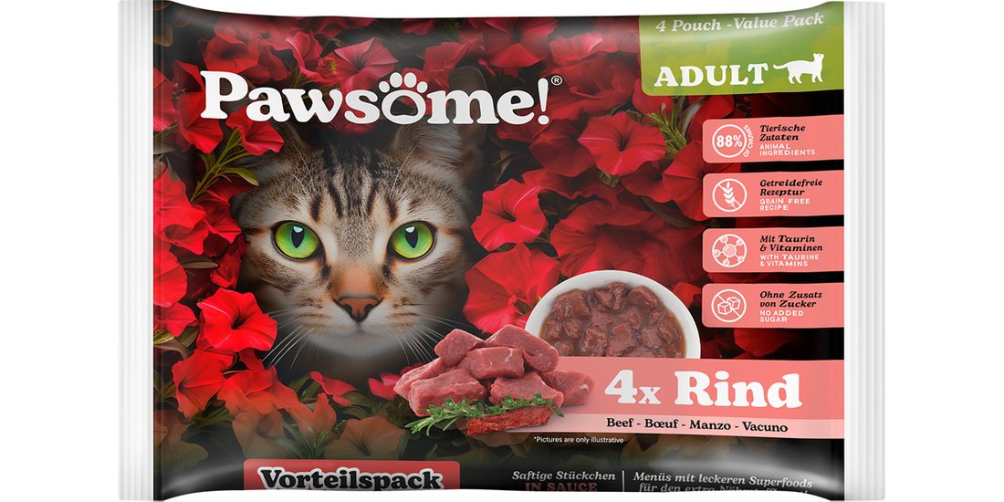 Pawsome Adult 4 x 85 g umido per gatto – Manzo…