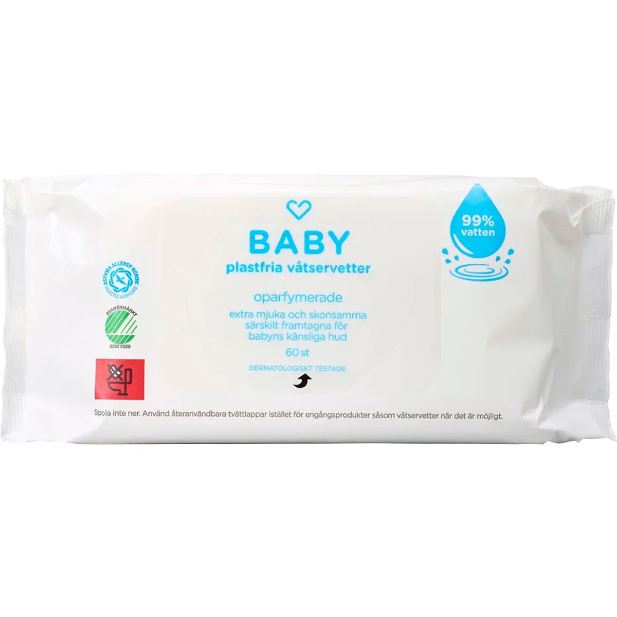 Hjärtats Baby Plastfria Våtservetter 99% vatten Oparfymerade 60 st