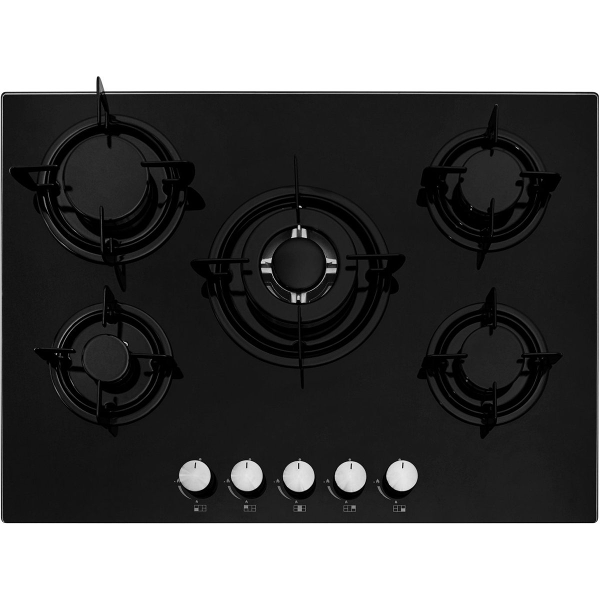 70cm Black 5 Burner Gas on Glass Hob with Enamel Supports