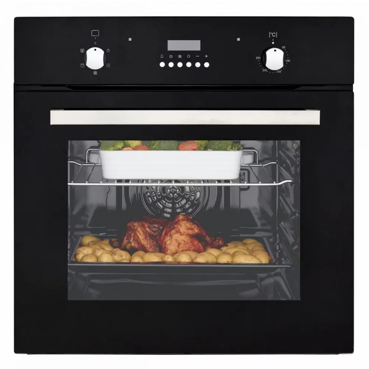 60L Large Built-in Electric True Fan Oven with Easy Programmable Timer and Digital Clock - Black Glass