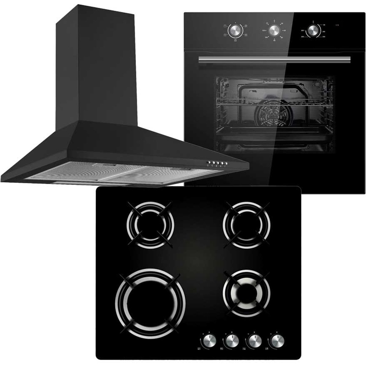 Black Electric Fan Forced Oven, Gas-on-Glass Hob & Cooker Hood Pack - Black