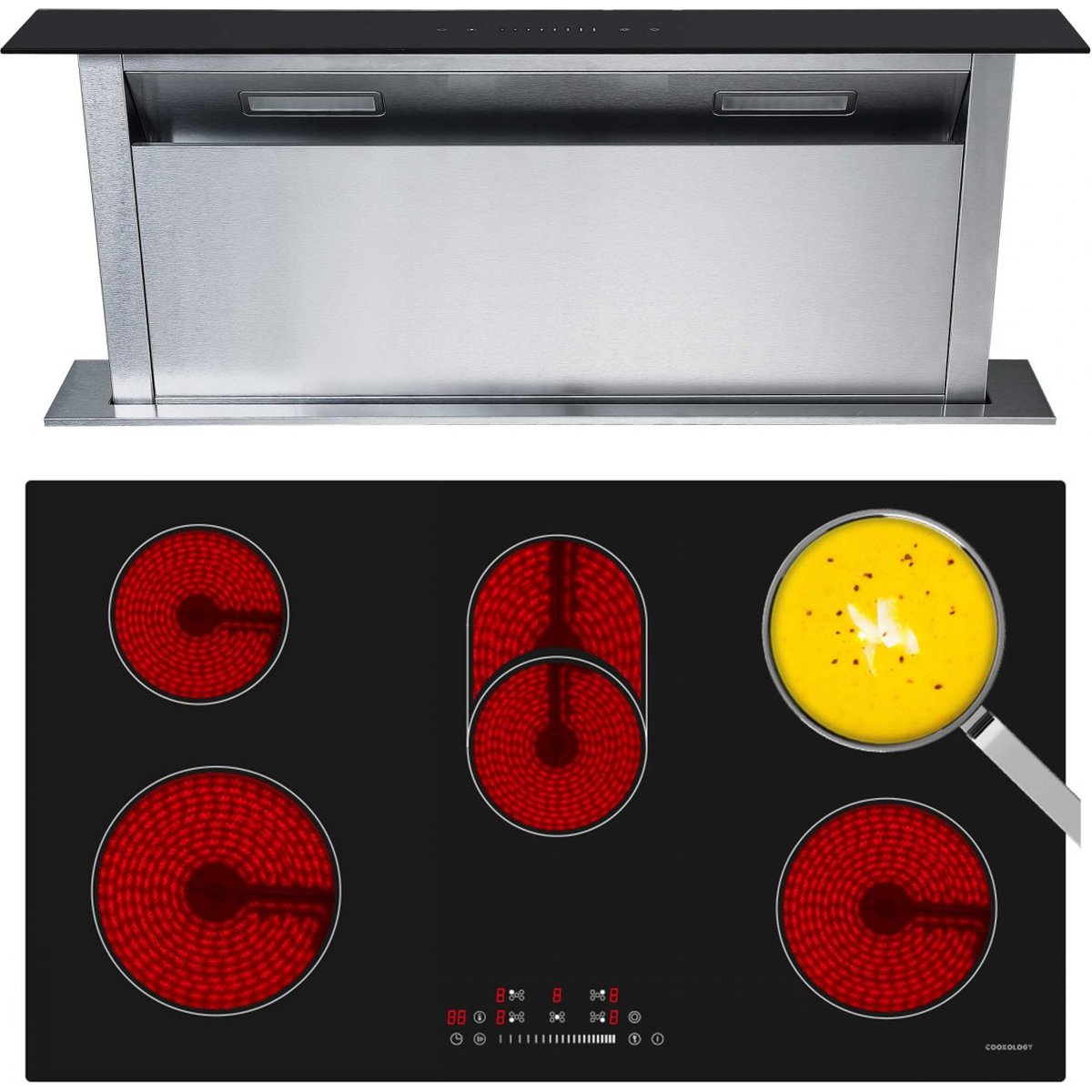 90cm Black Ceramic Hob with Downdraft Extractor