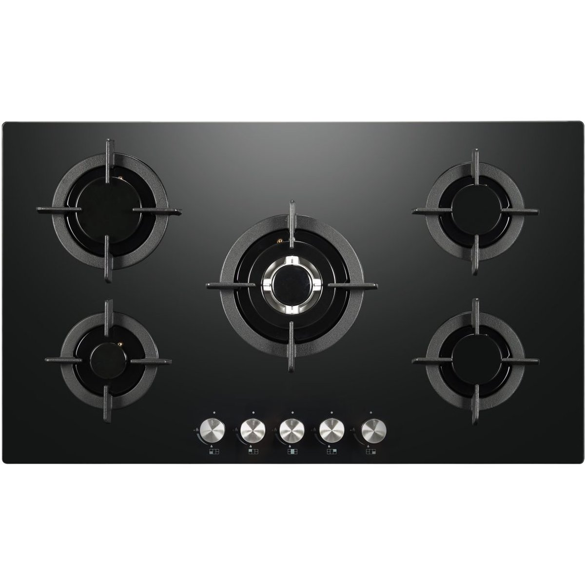 GGH906BK 90cm black glass gas hob cast iron pan supports
