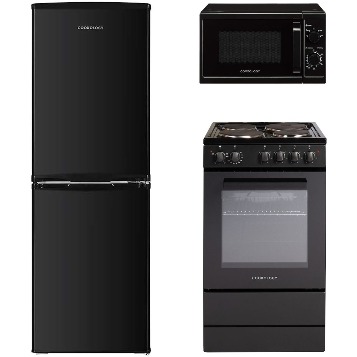 Kitchen Bundle – 20L Microwave, 142L 50/50 Fridge Freezer & 50cm Single Electric Cooker - Black