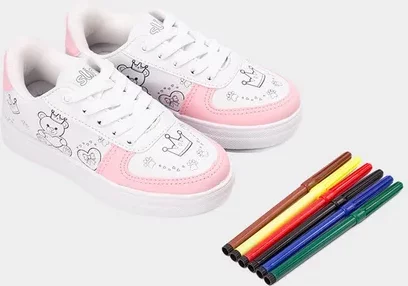 Tênis Casual Infantil Slink Jogging + Brinde 6 Canetinhas Branco & Rosa