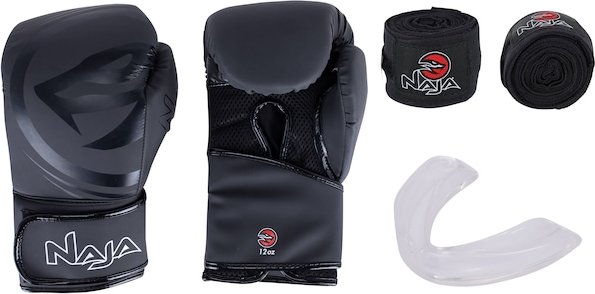 Kit de Boxe Naja: Bandagem + Protetor Bucal + Luvas de Boxe Black - 12 OZ - Adulto