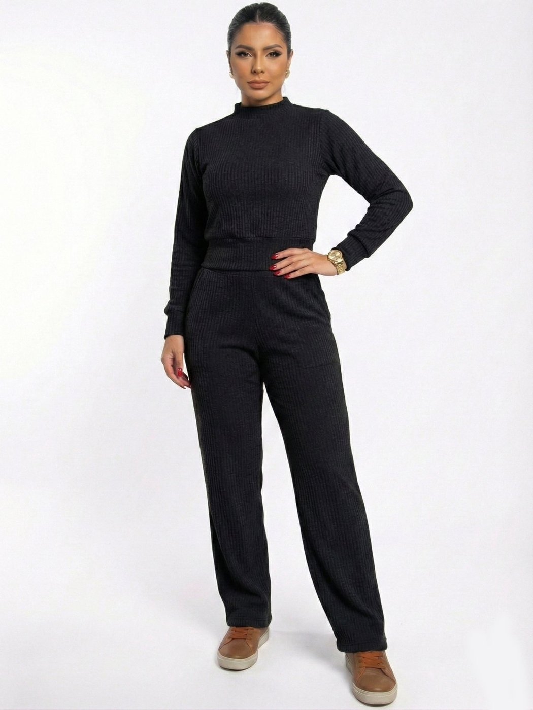 Imagem principal Conjunto Calça Reta Cintura Alta e Blusa Manga Longa Gola Alta Outono Inverno FS CONCEPT preto FS CONCEPT preto