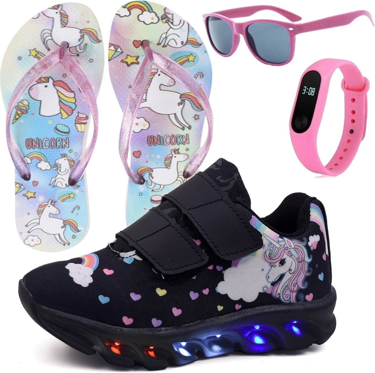 Imagem principal Infantil - Tênis Feminino de Led Unicornio Menina Tira Colante com Chinelo Óculos e Relógio CALCADOS LGHT LIGHT rosa CALCADOS LGHT LIGHT rosa