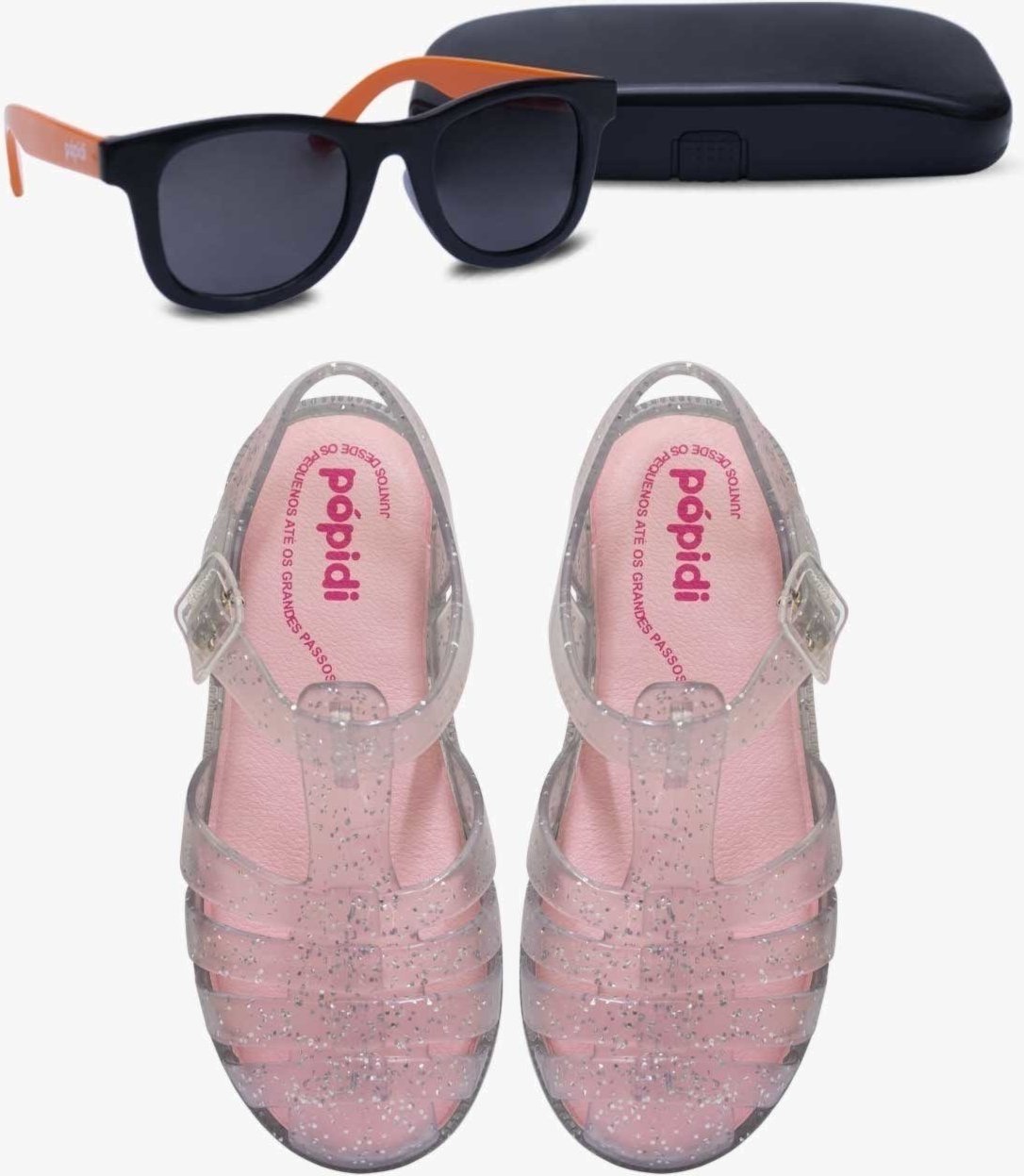 Imagem principal Infantil - Kit Sandália Aranha Glitter Com Óculos de Sol Com Capinha Pópidí laranja/prata Pópidí laranja/prata