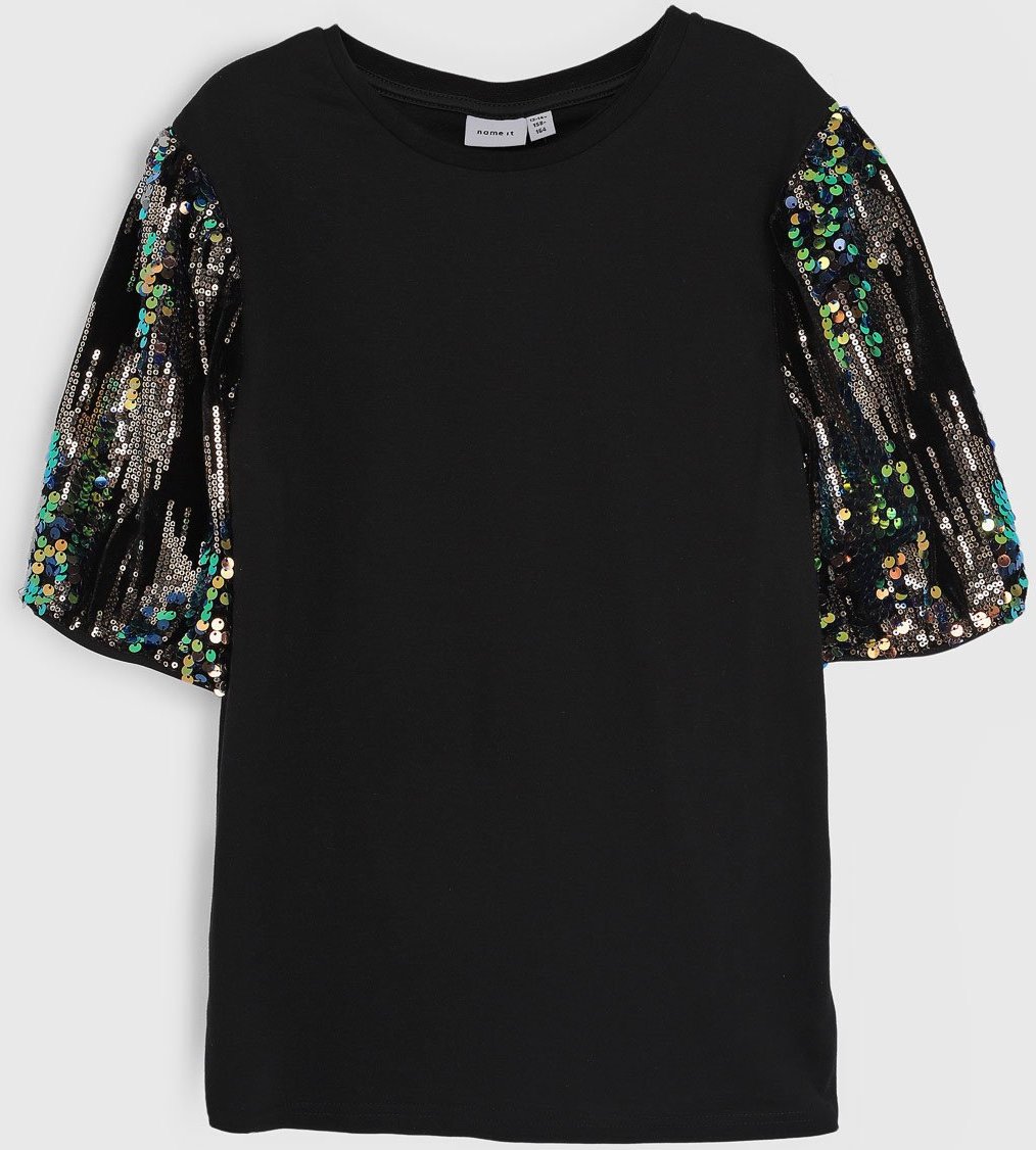 Infantil - Blusa Manga Curta Name It Manga Paetê Preta