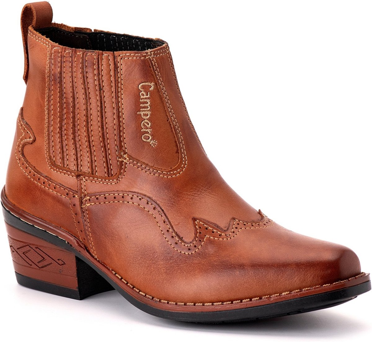 Bota Couro Campero Country Classica Elastico Salto Medio Pinhão