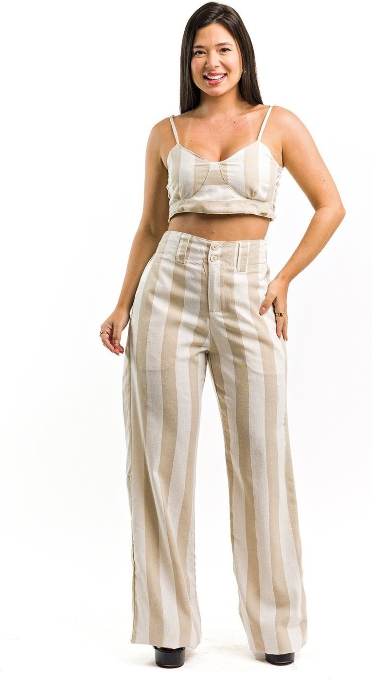 Conjunto Restrito Jeans Cropped Calça Pantalona Linho