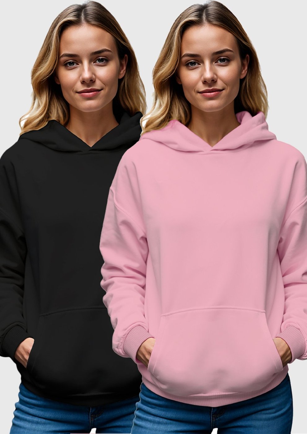 Imagem principal Kit 2 Moletom Canguru Feminino Fechado Flanelado Benellys Liso Rosa com preto/rosa rosa Benellys preto/rosa rosa