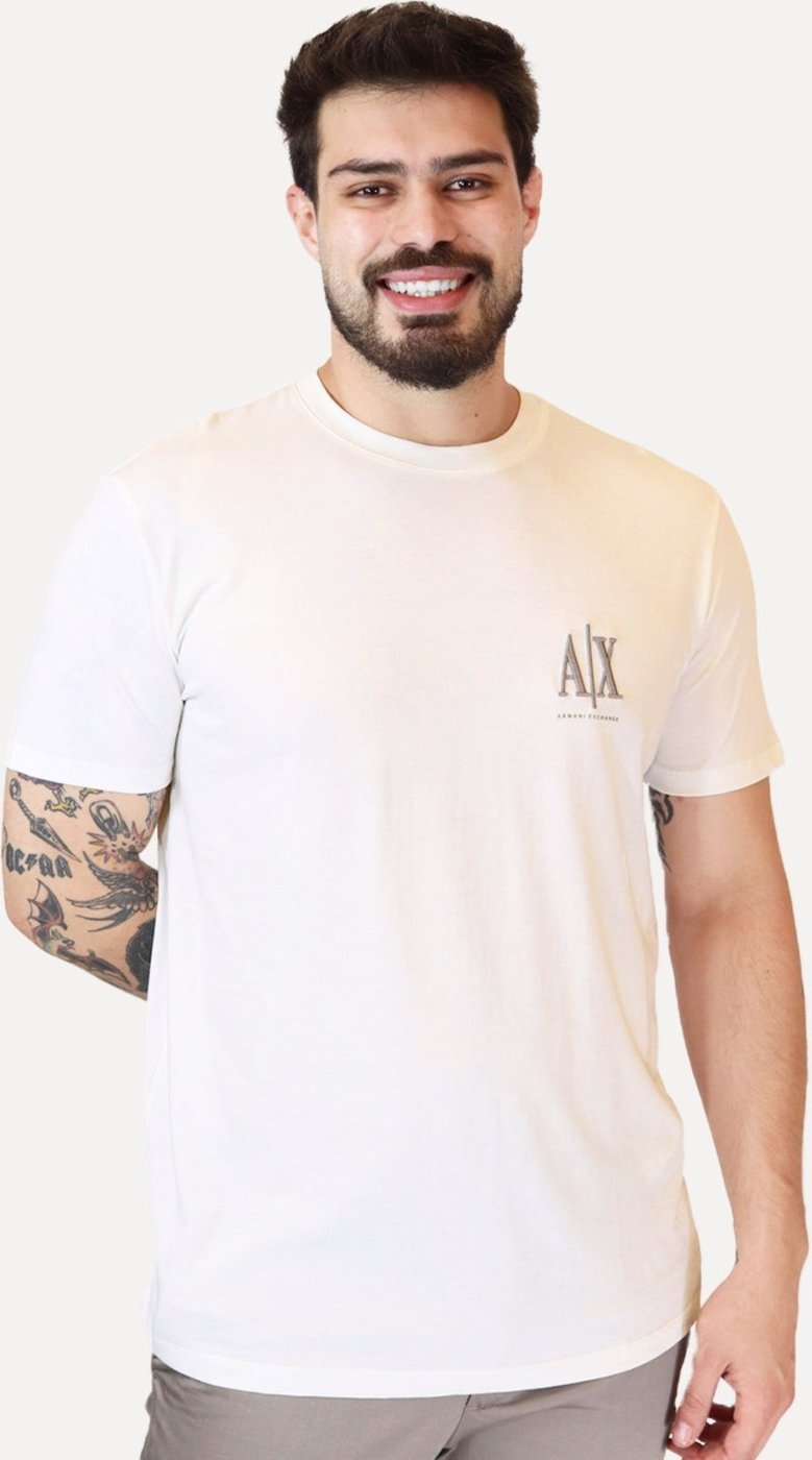 Camiseta Armani Exchange Masculina Embroidery AX Grey Logo Off-White