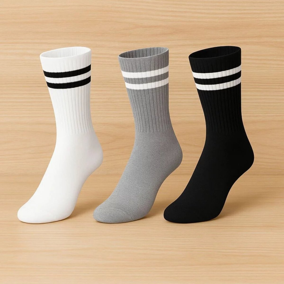 Kit 3 Meias Listradas Algodão Cano Médio Academia Skate 2 Listras