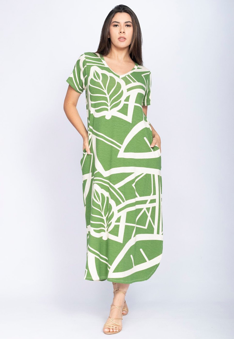 Vestido CabanaFree Midi Abapã Malha com Bolso Estampa Lagoa Botânica Verde