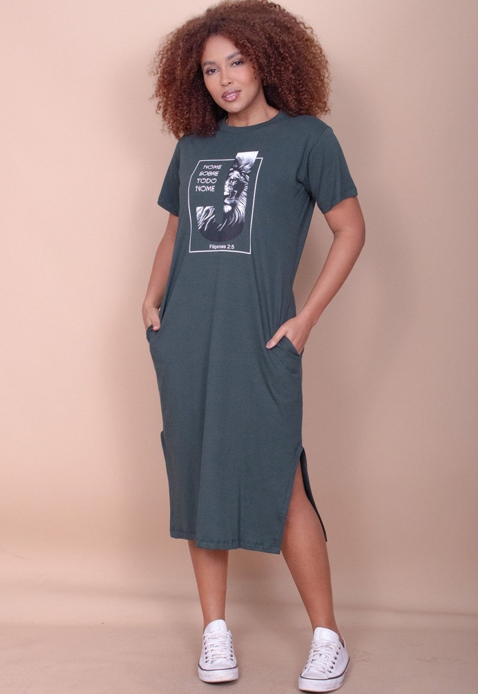 Vestido Cabanafree Midi Algodão Manga Curta Moda Evangélica Musgo