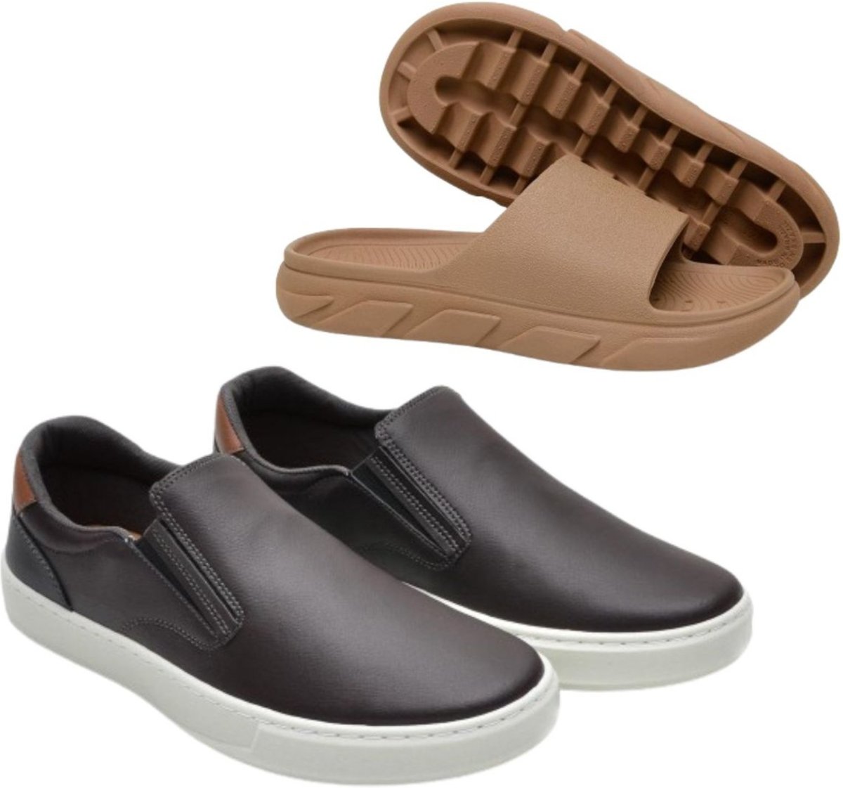 Imagem principal Kit Sapatenis Masculino Anna Andrade Tênis Slip On Casual e Chinelo Slide Conforto café/caramelo Anna Andrade café/caramelo