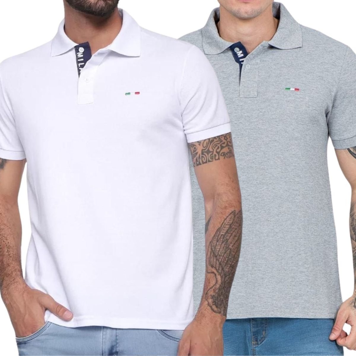 Imagem principal Kit 2 Polos Masculina Básicas Industrie Piquet no Estilo Tommy Bordado Itália Branca Cinza multicolorido Industrie multicolorido