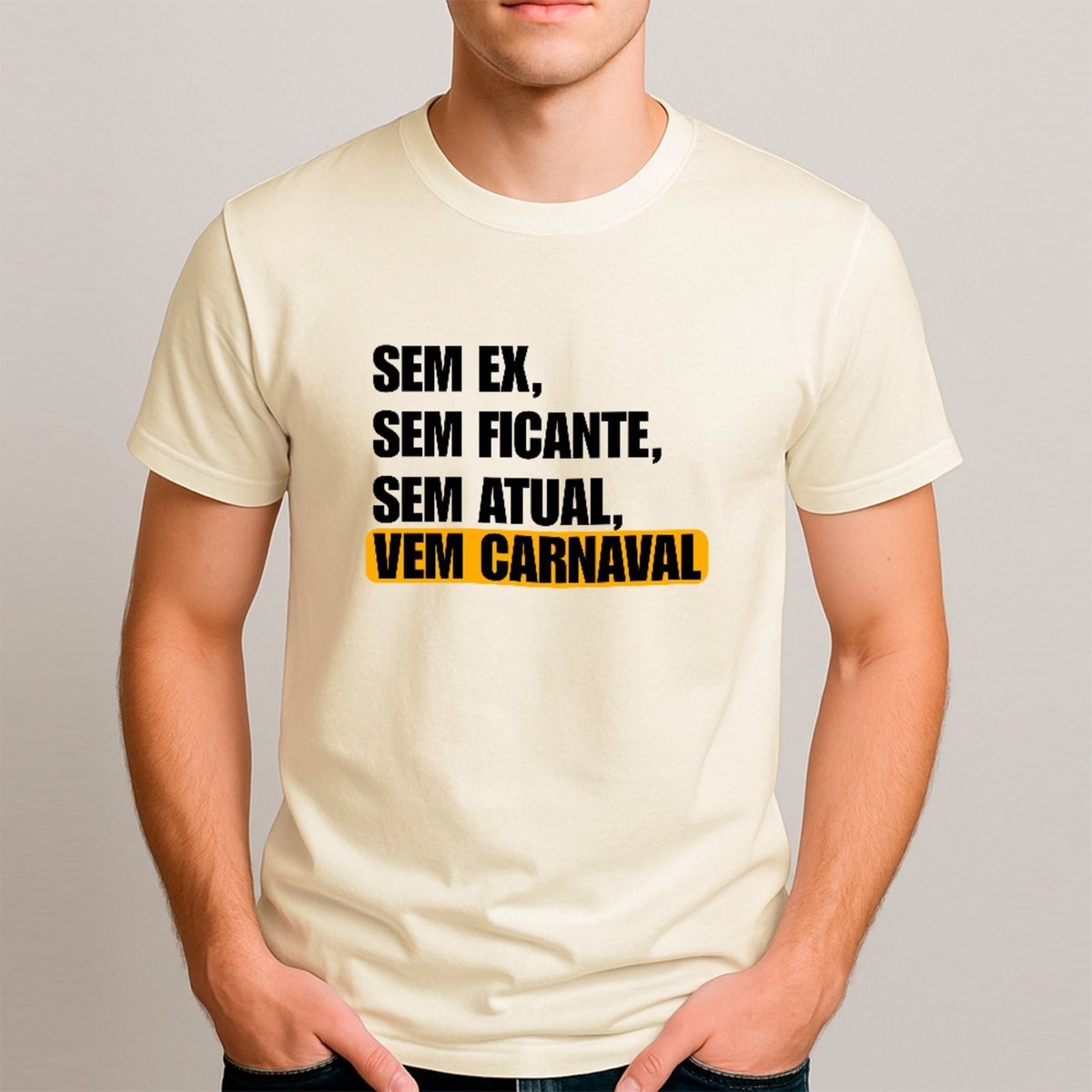 Imagem principal Camiseta Ousy Básica Vem Carnaval Humor De Solteiro Meme Unissex Off White off-white white ousy off-white white