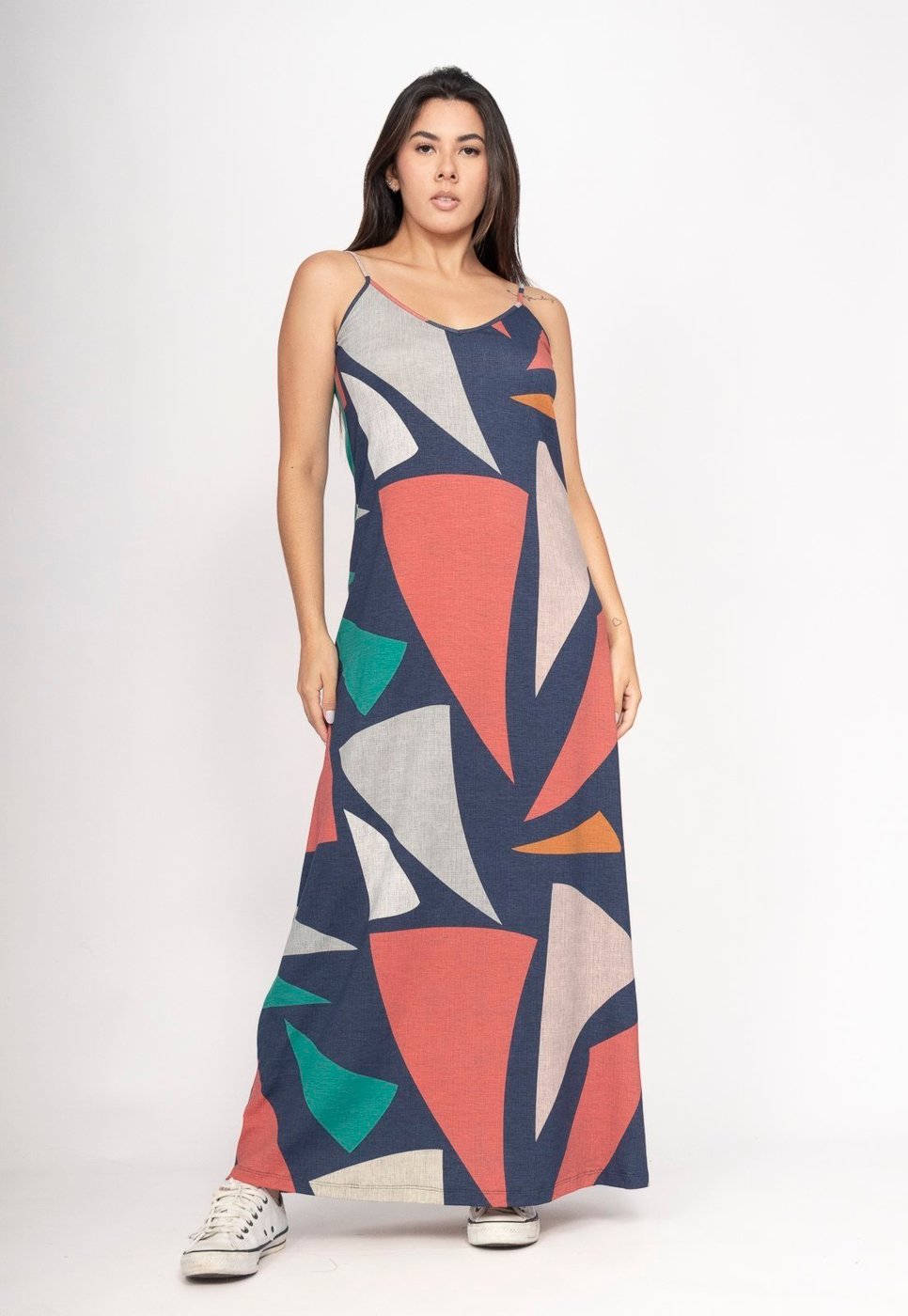 Vestido Amazonia Vital Guaíra Longo Malha Alça Fina Geometrias do Tempo