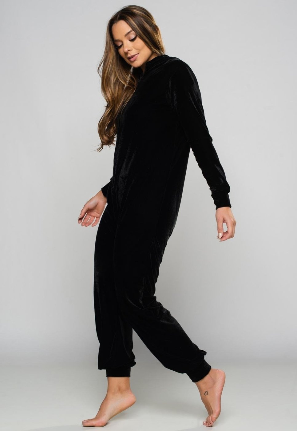 Macacão Longo MVB Modas Veludo Manga Longa Pijama Canguru