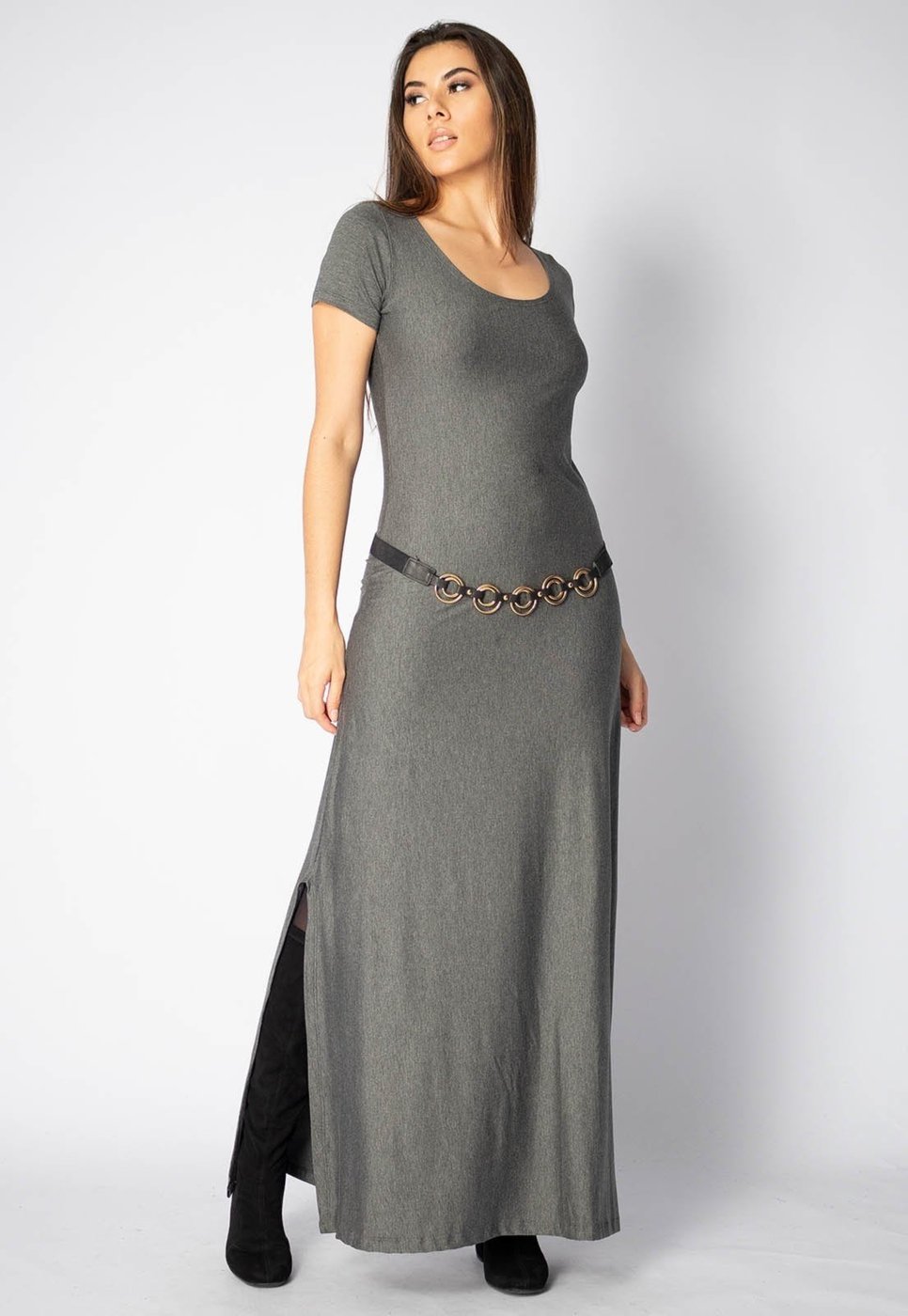 Vestido Longo Amazonia Vital Malha Manga Curta Gola Canoa Mescla