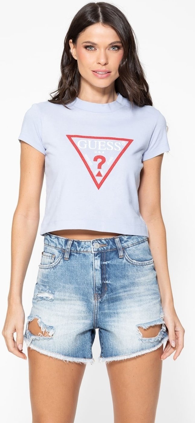 T-shirt Guess Triang Hotfix Cropped Azul Claro
