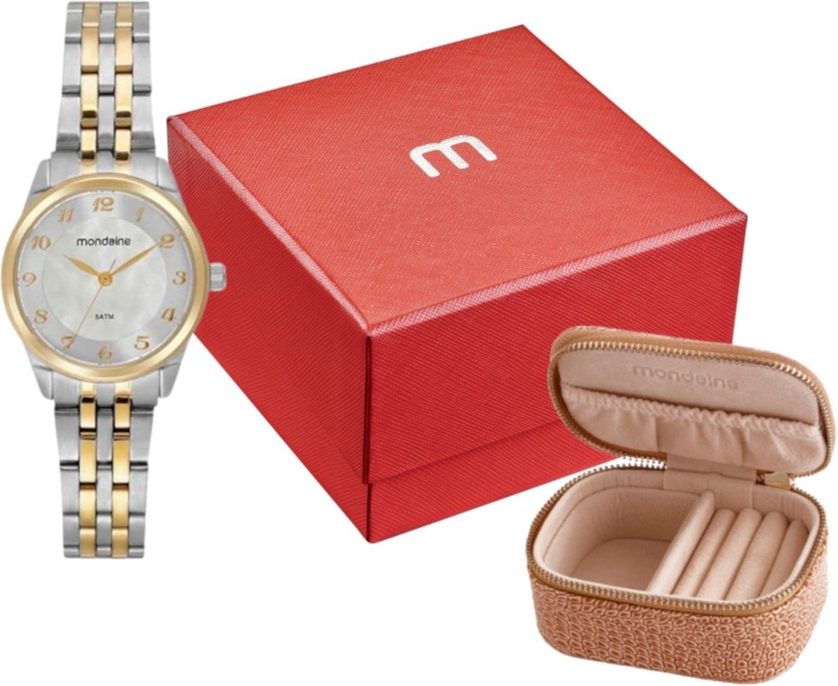 Kit Relógio Feminino Madrepérola Bicolor com Porta Jóias