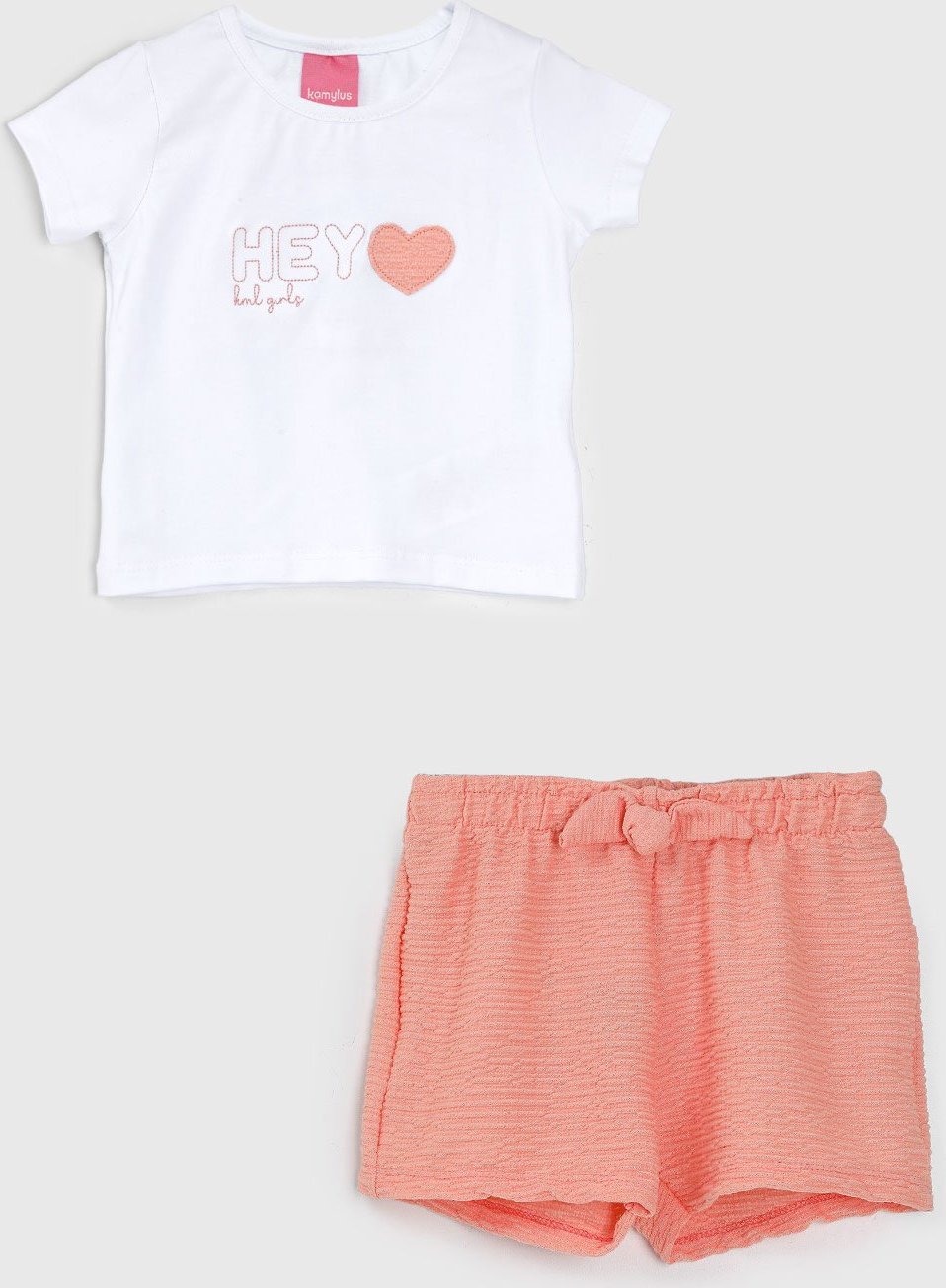 Conjunto Curto Kamylus Estampado Coração Branco e Coral
