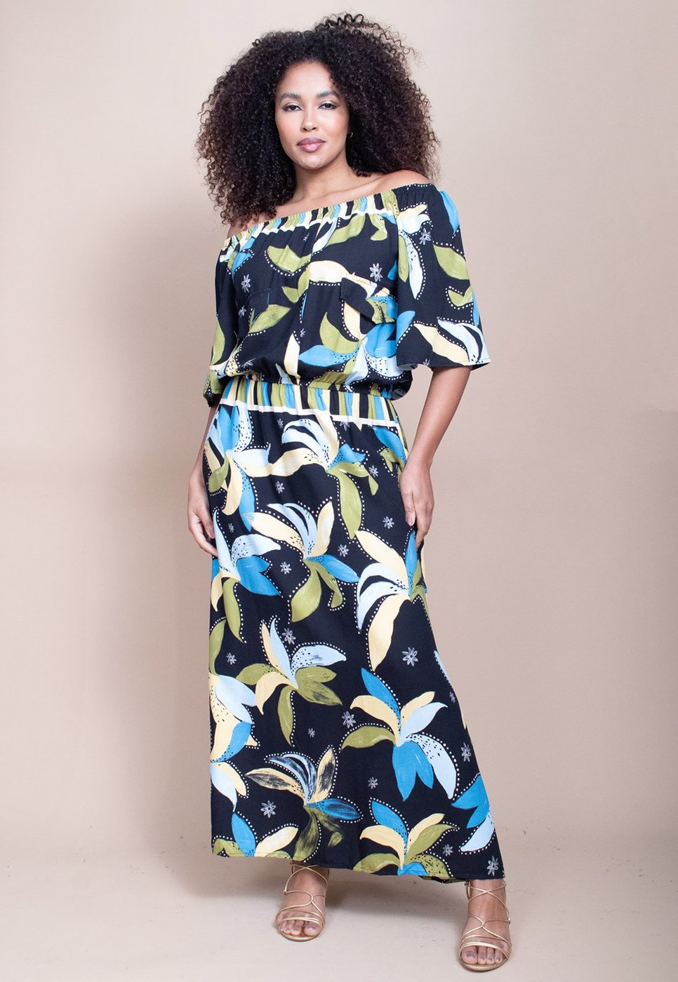 Vestido Midi Cabanafree Ciganinha Viscose com Lapela Estampa Jardim Noturno