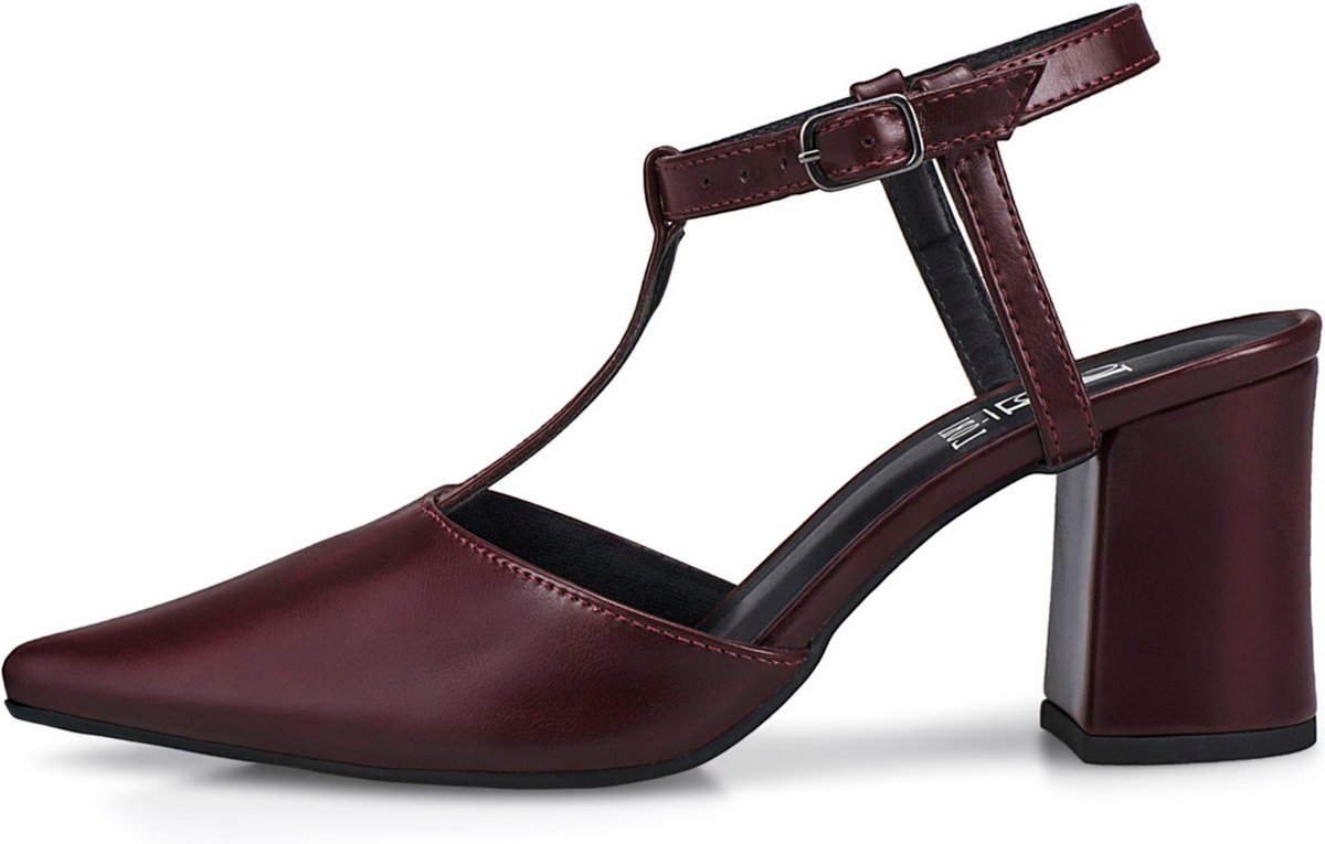 Sapato Social Feminino Scarpin Bico Fino Salto Bloco Confortável Cravo Fivela 3095 Marsala